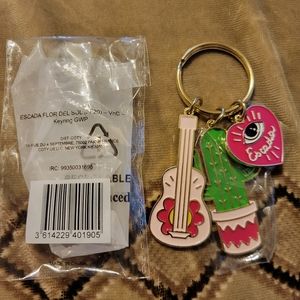 Escada Parfum Flor Del Sol Gold Tone Key Chain. Keyring Heart, Cactus and Guitar